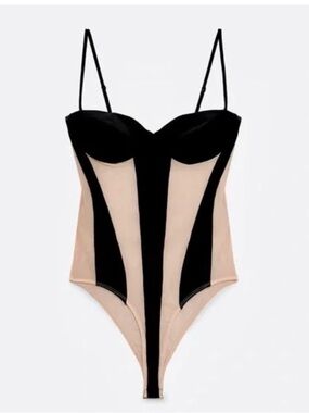 Zara Black and Nude Mesh Tulle Bodysuit size M